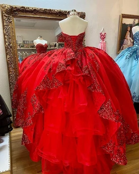 Sparkly Raudona Kamuolys Suknelė Quinceanera Suknelės su Dechable Rankovėmis Brangioji Tiulio Senovinių Nėrinių Aplikacijos Saldus 16 Suknelė Šalis Nešioti