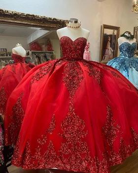 Sparkly Raudona Kamuolys Suknelė Quinceanera Suknelės su Dechable Rankovėmis Brangioji Tiulio Senovinių Nėrinių Aplikacijos Saldus 16 Suknelė Šalis Nešioti