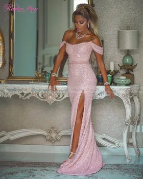 Sparkly Rožinė China Undinė arabų vakarinę Suknelę Ilgai 2020 Elegantiškas Off Peties Pusėje Ritininės Prom Dresses Kaftan Dubajus Skraiste soiree