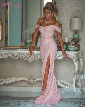 Sparkly Rožinė China Undinė arabų vakarinę Suknelę Ilgai 2020 Elegantiškas Off Peties Pusėje Ritininės Prom Dresses Kaftan Dubajus Skraiste soiree