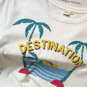 Spausdinti Tee Moterims Apvalios Apykaklės Trumpas Rankovės Medvilnės Prarasti Elegantiškas marškinėliai 2021 Prašmatnus Vasaros Derliaus Atsitiktinis Tee Beach Vacation Viršūnės