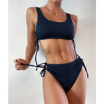 Sporto push up bandeau maudymosi kostiumėlis moterims Aukšto juosmens bikini komplektas String tuščiaviduriai iš maudymosi kostiumėliai moterims, Kietas briaunoti maudymosi kostiumas, Paplūdimio drabužiai
