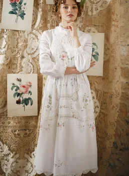 SpringAutumn Moterų Derliaus Elegantiškas Medvilnės, Baltos Spalvos Ilga Suknelė Ponios Retro Limited Edition Antikvariniai Nėrimo Siuvinėjimo Oficialų Suknelė