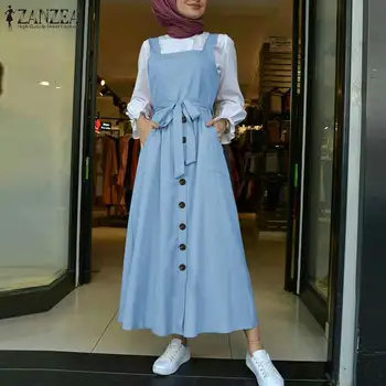 Stilingas Islamo Aprangos Moterų Rudens Kombinezonas Vestidos ZANZEA 2021 Atsitiktinis, Kietas Tankas Marocain Skraiste Moterų Mygtuką Sundress S-5XL