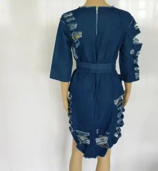 Stilingas Kankina Džinsinio audinio Suknelė 2019 Naujas Skaldytų Skylių Mėlyna Džinsinio audinio Mini Suknelė Tamsiai Mėlyna Sumažinti Iki Tuščiaviduriai iš Varčias Suknelė
