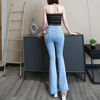 Streetwear Moterų Aukšto Juosmens Džinsai Flare Kelnės Slim Ponios Pločio Kojų Kelnės Apačioje Moterų Vaikinas Džinsinio Džinsus Kelnių Pantalones