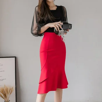 Streetwear Moterų Plius Dydis Harajuku Lady Office Sijonai Atsitiktinis Raudona Undinėlės Sijonas Juodas Korėjos Elegantiškas Aukšto Juosmens Moterų Sijonai