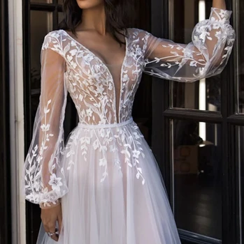 Svajinga Princesė Vestuvių Suknelė Iki 2021 M-Line V-Kaklo, Ilgai Žibintų Rankovės Nėrinių Appliques Valymo Traukinio Nuotakos Suknelė Vestidos De Noiva