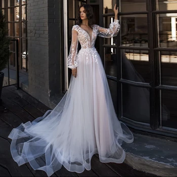 Svajinga Princesė Vestuvių Suknelė Iki 2021 M-Line V-Kaklo, Ilgai Žibintų Rankovės Nėrinių Appliques Valymo Traukinio Nuotakos Suknelė Vestidos De Noiva