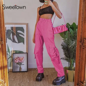 Sweetown Rožinė Baggy Streetwear Krovinių Kelnės Moterims Atsitiktinis Kišenės Poilsiu Kelnės Aukštu Juosmeniu Hipių Tiesios Kelnės Su Varčias