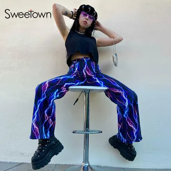 Sweetown Žaibo Spausdinti Gotikos Tiesiai Krovinių Kelnės Moterims Atsitiktinis Baggy Poilsiu Kelnės Aukštu Juosmeniu Hip-Hop Streetwear Kelnės