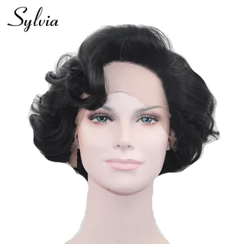 Sylvia 1b# natūralus juodas trumpas banguoti sintetinių nėriniai priekiniai perukai su kirpčiukais glueless šilumos resistat pluošto plaukus juoda moteris