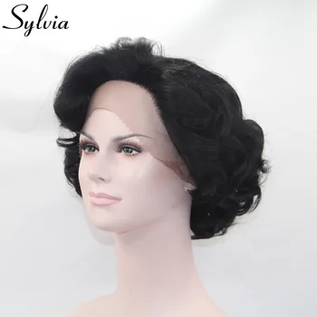 Sylvia 1b# natūralus juodas trumpas banguoti sintetinių nėriniai priekiniai perukai su kirpčiukais glueless šilumos resistat pluošto plaukus juoda moteris