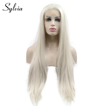 Sylvia #60 Blond Balta Sintetinių Nėriniai Priekiniai Perukai Vidurį Ilgas, Šilkinis Tiesiai Karščiui Atsparus Pluoštas Plaukų Moterims