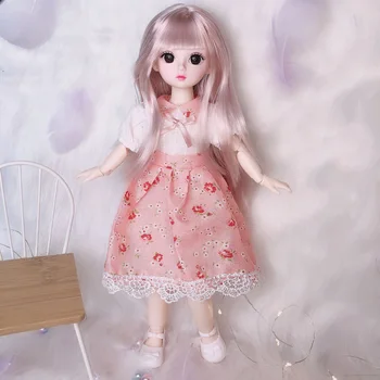 Sąnarių BJD Doll 30cm Makiažas puošniai Apsirengti Mielas Rudas Mėlynas Obuolio Lėlės su Mados Suknelė Mergaitėms Žaislas