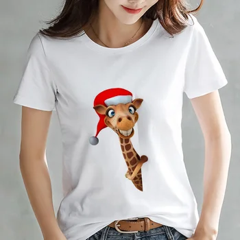 T Marškiniai moteriškos Mados žirafa Kalėdų skrybėlę Spausdinti Tshirts Atsitiktinis Viršūnes Harajuku mielas Tees Moterų marškinėliai Drabužių Streetwear