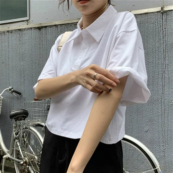 T-marškinėliai Moterims Japonų Stiliaus Kietas Medvilnės Vasaros Visų rungtynių Preppy Merginos Juoda Pasėlių Viršuje Prašmatnus Mygtuką Kawaii Gatvės Ponios Marškinėliai