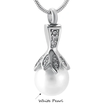 T009 White Pearl/ skaidrus Stiklas Kamuolys Gėlių Dizainas Moterys Atminimo Balsuokite Karoliai Pelenų Turėtojas Mylimam žmogui - Kremavimo Urnos Pakabukas