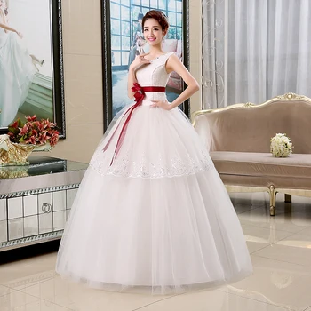 Tai YiiYa Vestuvių Suknelė su V-kaklo, Rankovių Pigūs Princesė Kamuolys Chalatai Balta Raudona Appliqeus Nėrinių Ilgos vestuvinės suknelės HS142