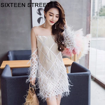 Tailandas mada plunksnų suknelę moteris ilgomis rankovėmis spageti dirželis china kriaušių elegantiškas mielas mini suknelė už šalis Nauja pavasario vasaros