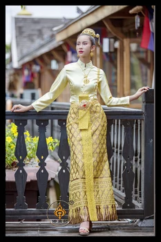 Tailandas Tradiciniai Drabužiai Moterims Stovėti Apykakle ilgomis Rankovėmis Aukso Viršūnes Phasin Restoranas Kasos darbo drabužiai Tailando Suknelė