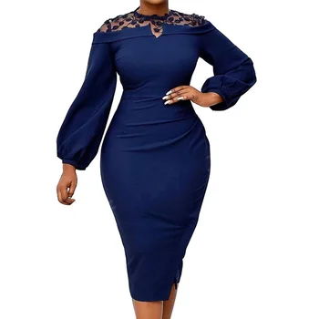 Tamsiai Mėlynos Spalvos Nėrinių Kratinys Moterų Suknelė 2020 M. Vasarą, Rudenį Midi Bodycon Skraiste Femme Afrikos Derliaus Plius Dydis-Ilgomis Rankovėmis Vestido