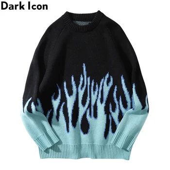 TAMSIAI PIKTOGRAMĄ Mėlyna Liepsna Megztinis Man 2019 Žiemos Streetwear vyriški Megztiniai Megztinis Trikotažas Megztinis Vyrams
