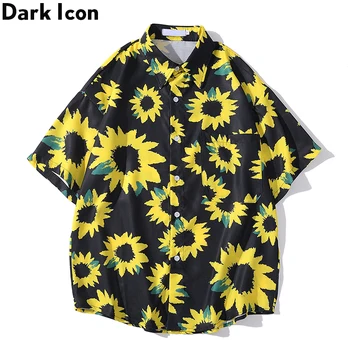 Tamsiai Piktogramą Saulėgrąžų Havajų Marškinėliai Vyrams 2020 Metų Vasaros Turn-žemyn Apykaklės vyriški Marškiniai Vyrų Viršų