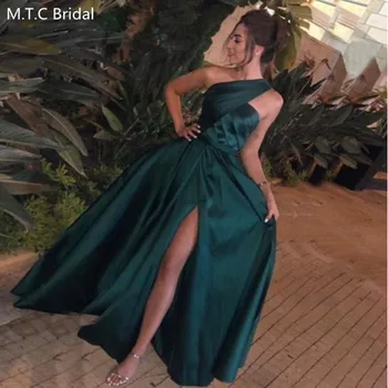 Tamsiai Žalia Vieną Petį Seksualus Prom Dresses Su Plyšio Klostyti Satino Linija, Vidurio Rytuose Ilgai Moterų Vestuvių Svečių Suknelė Plius Dydis