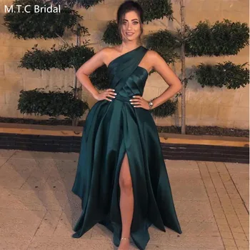 Tamsiai Žalia Vieną Petį Seksualus Prom Dresses Su Plyšio Klostyti Satino Linija, Vidurio Rytuose Ilgai Moterų Vestuvių Svečių Suknelė Plius Dydis