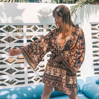 TEELYNN Cardigan Boho palaidinė 2019 rudos spalvos gėlių spausdinti vasaros palaidinės sexy beach marškinėliai Hipių Bohemijos viskozė moterų palaidinė Blusas