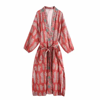 TEELYNN giliai v kaklo kimono suknelės moterims padengti iki derliaus gėlių spausdinti ilgomis rankovėmis rudenį vestidos boho Pusės split 2020 skraiste