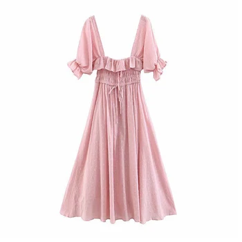TEELYNN sluoksniuotos rankovėmis boho suknelės 2019 m. derliaus rausvos spalvos medvilnės ilgos suknelės Dot žakardo audinio Hipių moterų suknelės, elegantiškos Vestido