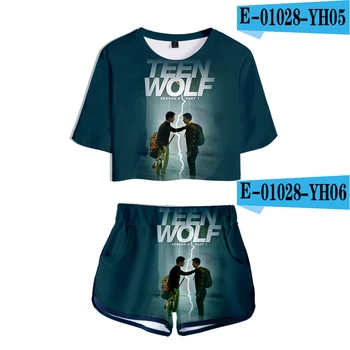 Teen Wolf Mokslinės Fantastikos Nauja Dviejų Dalių Komplektas Vasaros Trumpomis Rankovėmis Pasėlių Top+Shorts Merginos Atsitiktinis Streetwear Hip-Hop Tracksuit Moterims