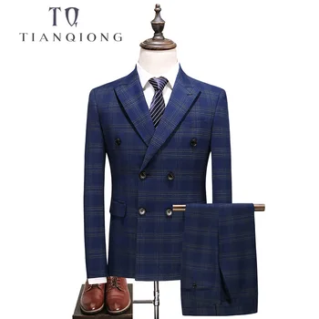 TIAN QIONG Mens Dvigubo Breasted Kostiumas 2018 Slim Fit Mėlynos spalvos Pledas Kostiumas Vyrams 5XL Plius Dydžio Prabangių Vestuvių Kostiumai Verslo Oficialią Dėvėti