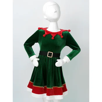 TiaoBug Vaikų Mergaičių Minkštas Aksominis Ilgomis Rankovėmis Klounas Apykaklės Kalėdų Dress Dancewear Vaikų Karnavalas Cosplay Kalėdų Elf Kostiumas