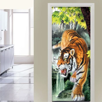 Tigras Durų Lipdukas 3D Foto Tapetai Vandeniui PVC lipnios Kambarį Miegamojo Durų Lipdukai Namų Dekoro Papel De Parede