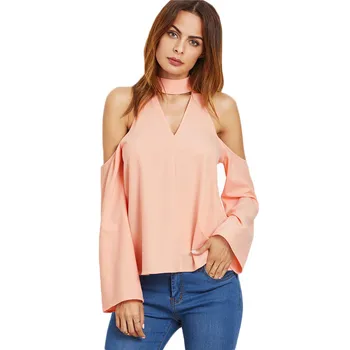 Tinkinti Ponios Plius Dydis Office Marškinėliai Moterims Mados Long Sleeve Pink Išpjovą Choker Šalto Pečių Viršų Šifono Palaidinė