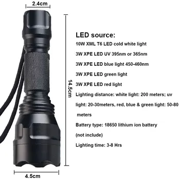 TMWT C8 LED Žibintuvėlis Ilgo Diapazono Ultravioletinės UV 365nm 395NM 450 nm Mėlyna, Raudona ar Žalia Šviesa Taktinis Žibintuvėlis Lauko Medžioklė