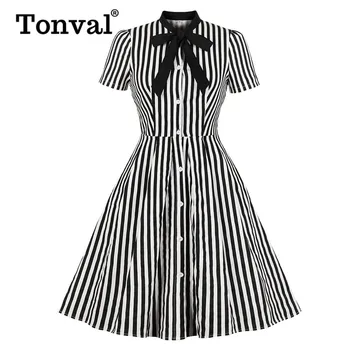 Tonval Single-Breasted Kaklaraištis Kaklo Bordo Dryžuotas Medvilnės Suknelės 50S Vintage Drabužius Moterims Rockabilly Šalies Elegantiškas Vasaros Suknelė
