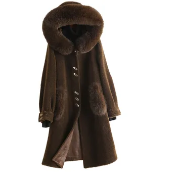 (TopFurMall) Vilnos Mišinys, Kailiniai Paltai Fox Fur Bliuzono Žiemos Moterys Kailio Paltas LF2139