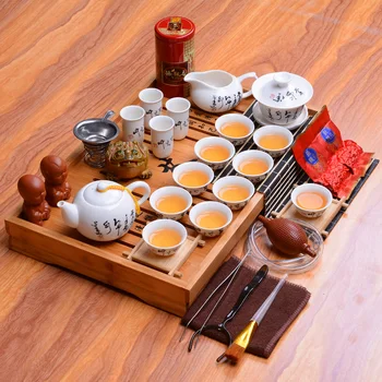 Tradicinis kinų Dehua balto porceliano arbatos rinkinys keramikos kung fu komplektas iš medžio masyvo arbatos dėklas arbatos ceremonija