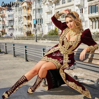 Tradicinis Kosovo Albanų Caftan Kaštoninės Vakaro Suknelės Ilgomis Rankovėmis Aplikacijos Zawalcowany Trumpas Prom Dress Vestido De Novia