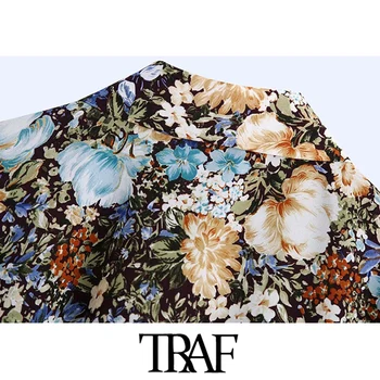 TRAF Moterų Mados Su peteliškę Gėlių Spausdinti Apkarpytos Palaidinės Derliaus ilgomis Rankovėmis Mygtuką-iki Moterų Marškiniai Blusas Prašmatnus Viršūnės