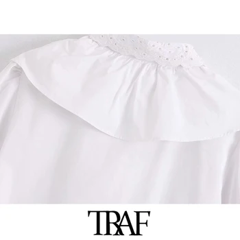 TRAF Moterų Saldus Mados Siuvinėjimo Susiėmę Baltos Palaidinės Derliaus Sluoksniuotos Rankovėmis Mygtukai Moterų Marškiniai Blusas Prašmatnus Viršūnės