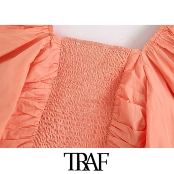 TRAF Moterų Saldus Mados Susiėmę Plisuotos Apkarpytos Palaidinės Derliaus Sluoksniuotos Rankovėmis Atgal Elastinga Moterų Marškiniai, Elegantiškos Viršūnės
