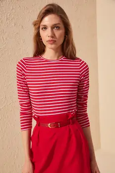 Trendyol Raudona Dryžuota Megzta T-shirt TWOAW20TS0097