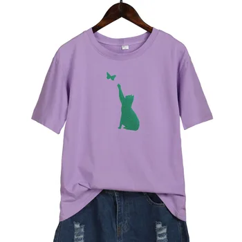 Trumpomis rankovėmis T-shirt mergina vasaros prarasti blizgučiai katė spausdinimo Tees Vasaros Moterų Marškinėlius