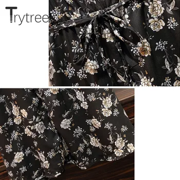 Trytree 2020 metų Vasaros Moterų Suknelė Atsitiktinis O-kaklo Ruffles Kratinys Lace A-line Raišteliu Mados Prarasti Spausdinti Padirbtus dviejų dalių Suknelė