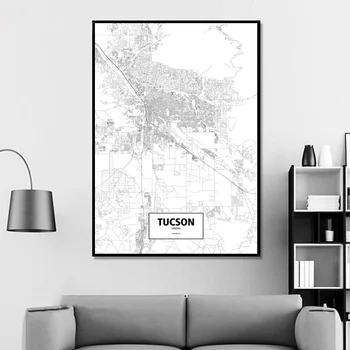 Tucson, Arizona, Jungtinės Amerikos Valstijos Juoda Balta Užsakymą Pasaulio Miesto Žemėlapį Plakatas Drobė Spausdinti Šiaurės Stiliaus Sienos Menas Namų Dekoro